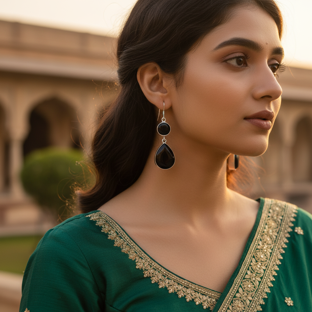 925纯银黑玛瑙吊坠耳环（女士款）