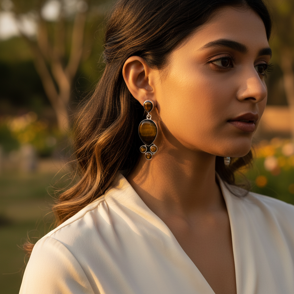 925纯银虎眼石耳坠（女士款）| 宝石首饰