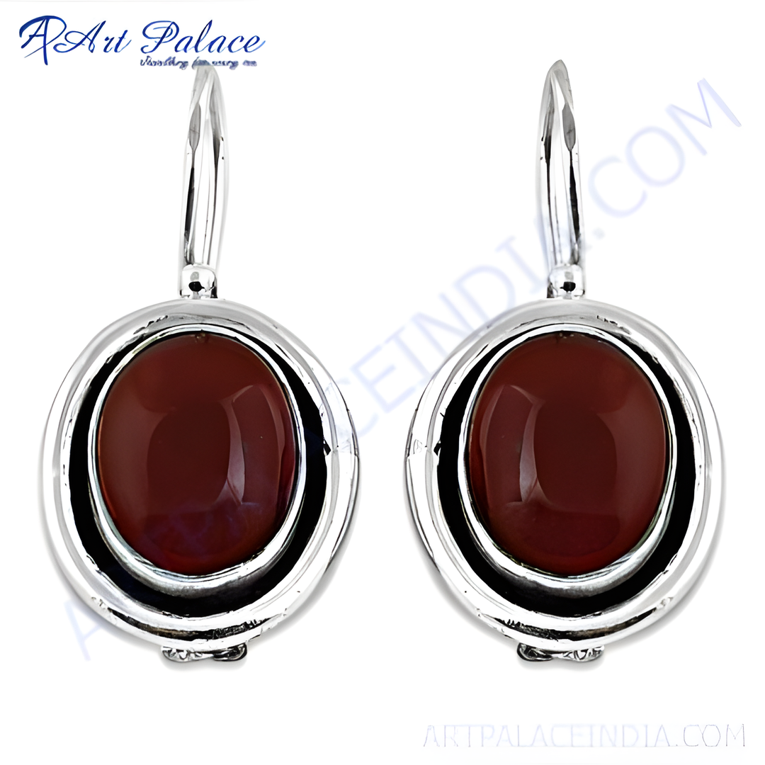 925 sterling silver dangle earrings with large oval red carnelian gemstones set in a silver frame.