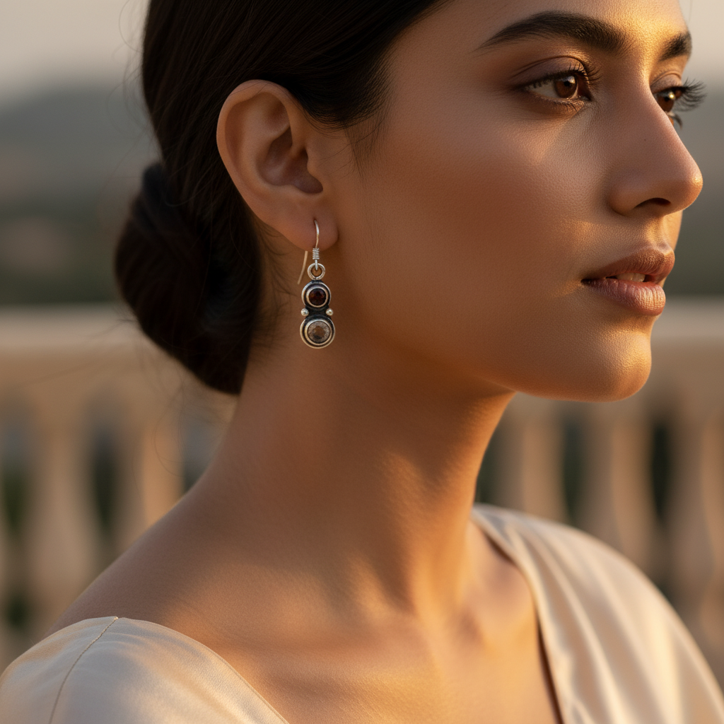 925 Silver Garnet & Smoky Quartz Drop Earrings for Women