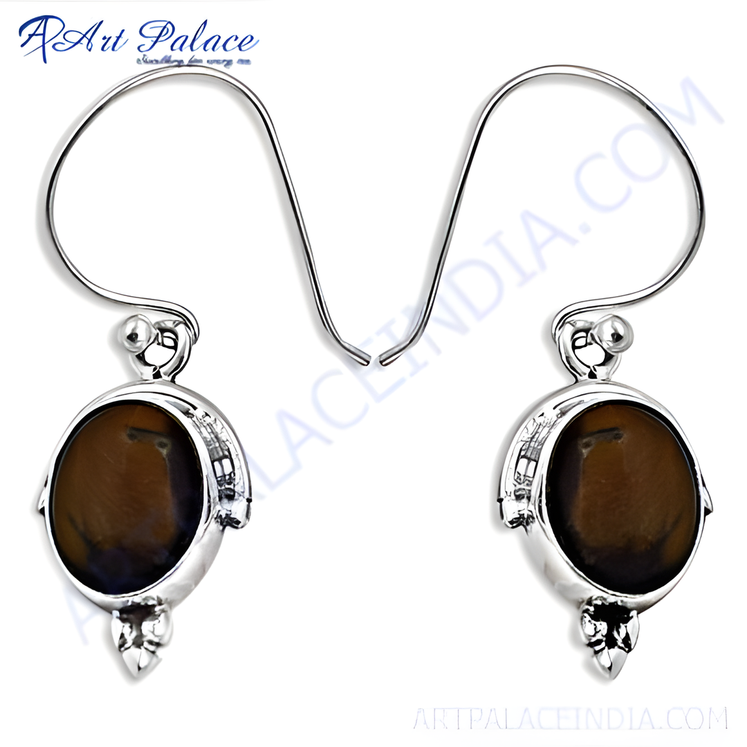 925 sterling silver dangle earrings featuring oval-shaped tiger eye gemstones.