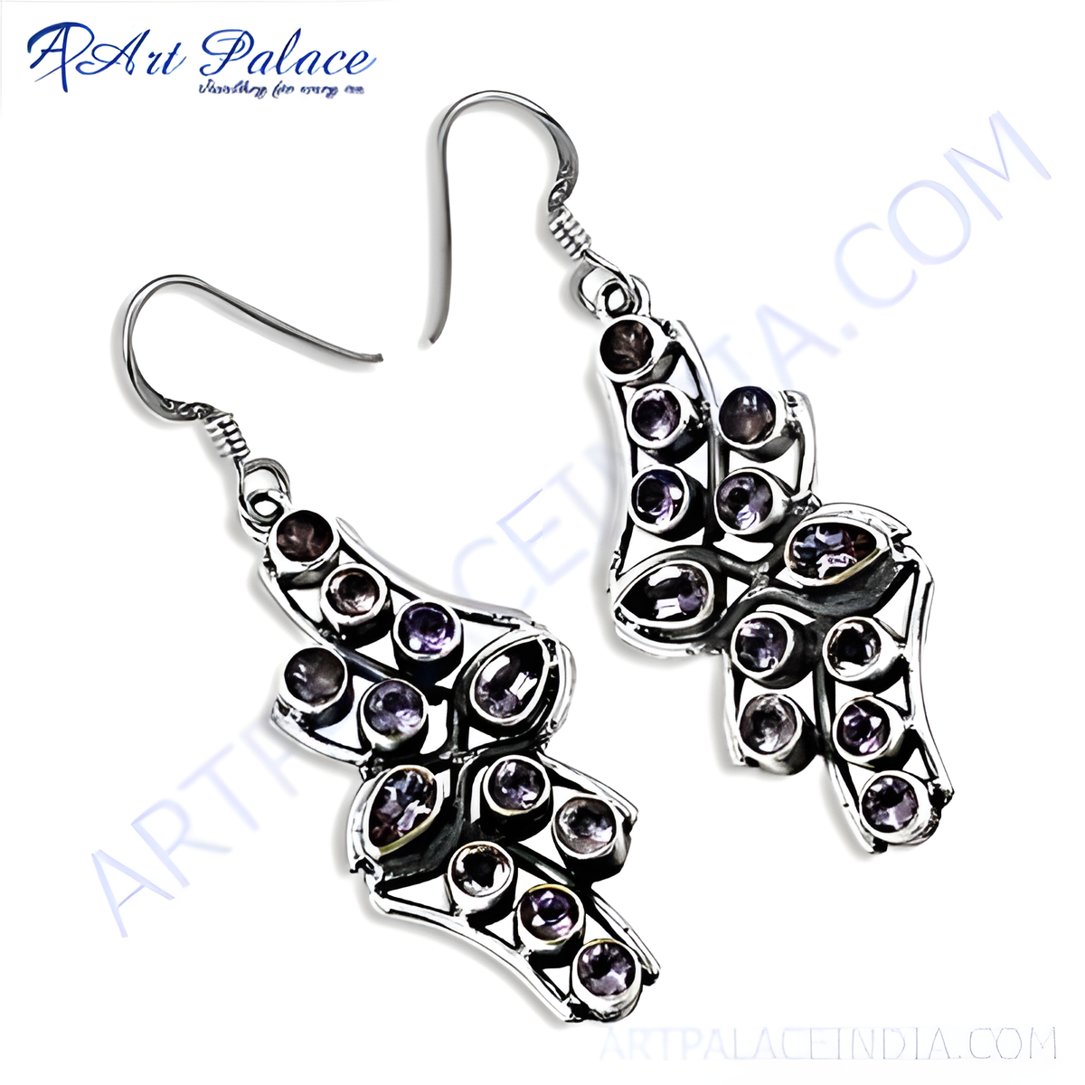 925 sterling silver dangle earrings with amethyst gemstones, showcasing purple hues and elegant design