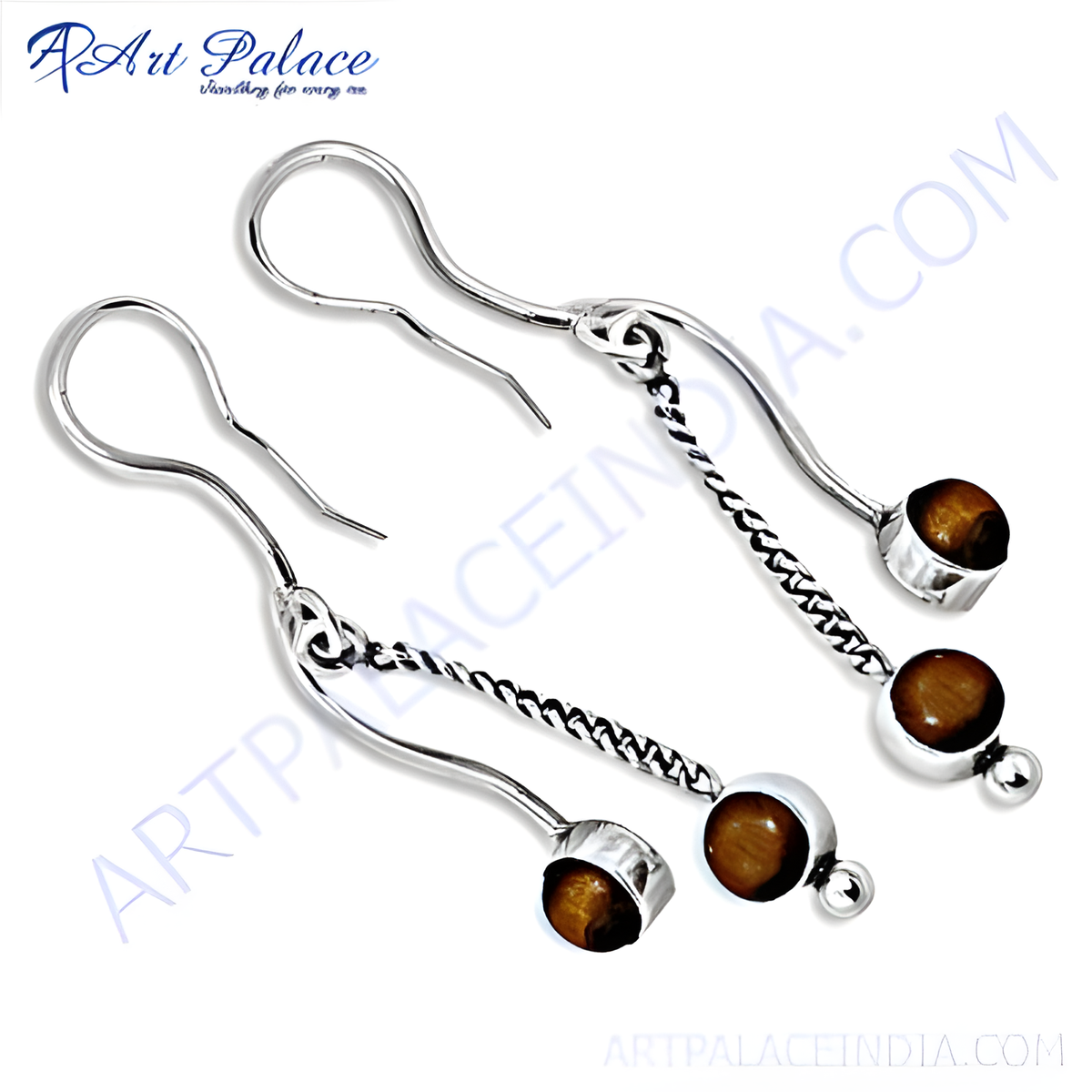 Sterling silver drop earrings featuring tiger eye gemstones on a white background