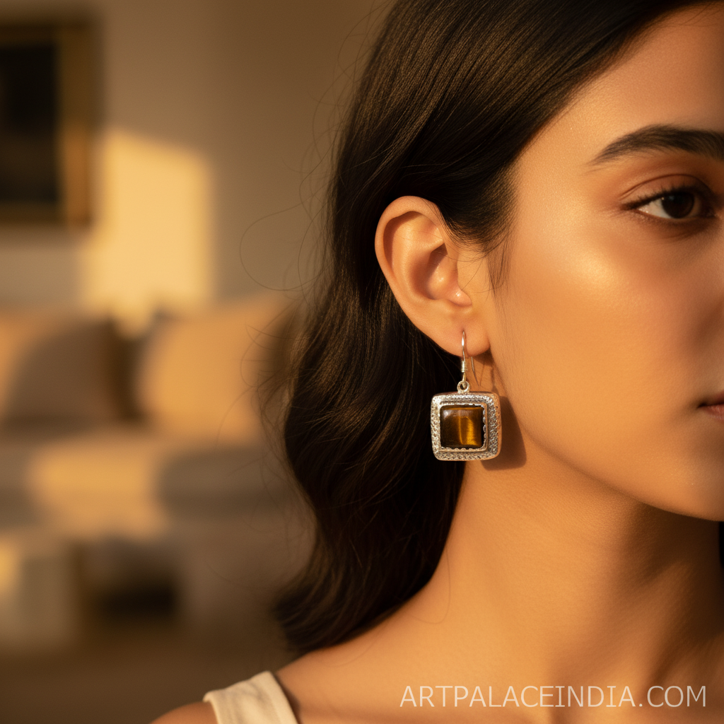 925纯银虎眼石方形耳环（女士款）| 垂坠耳环