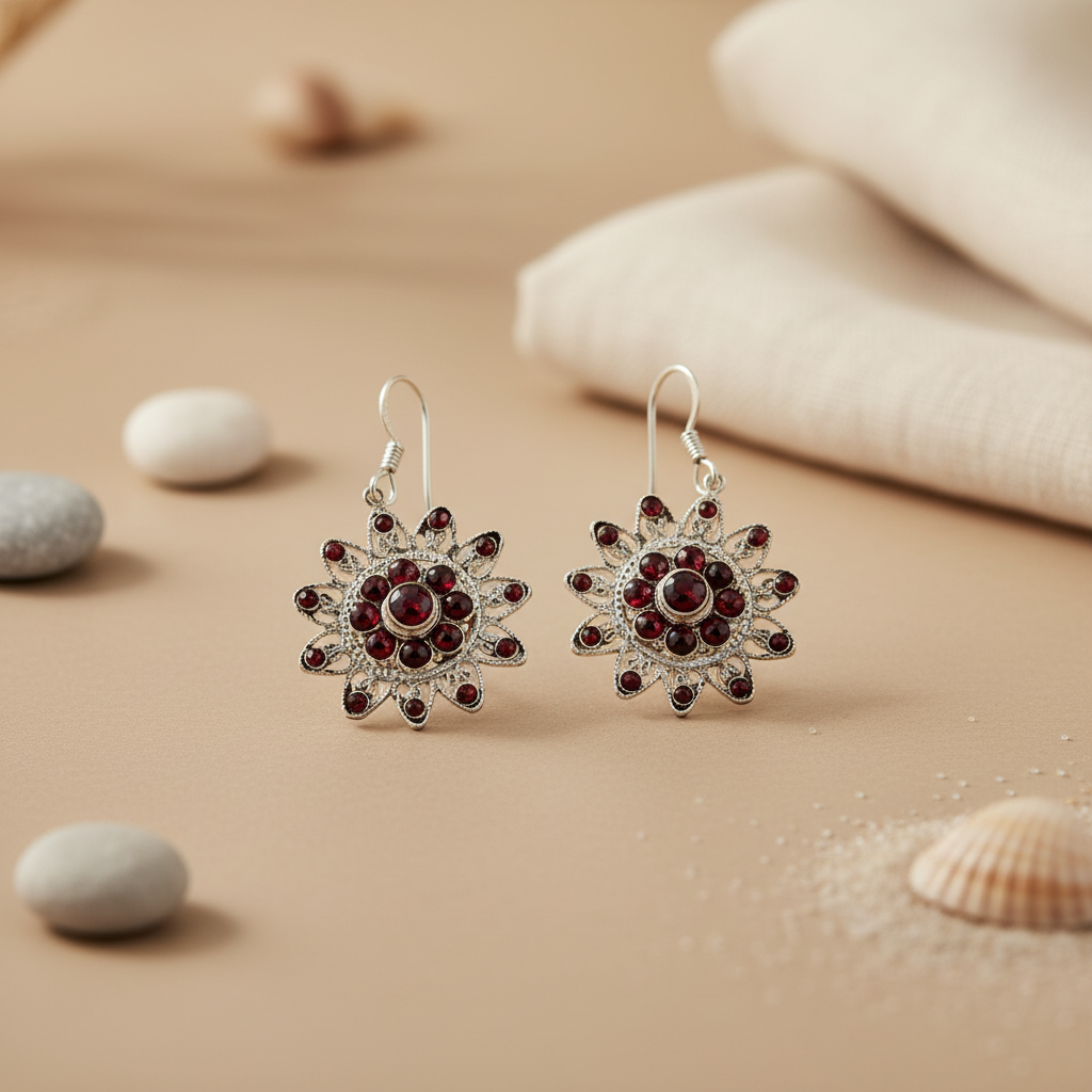 925 Silver Garnet Flower Earrings for Women | Gemstone Jewelry