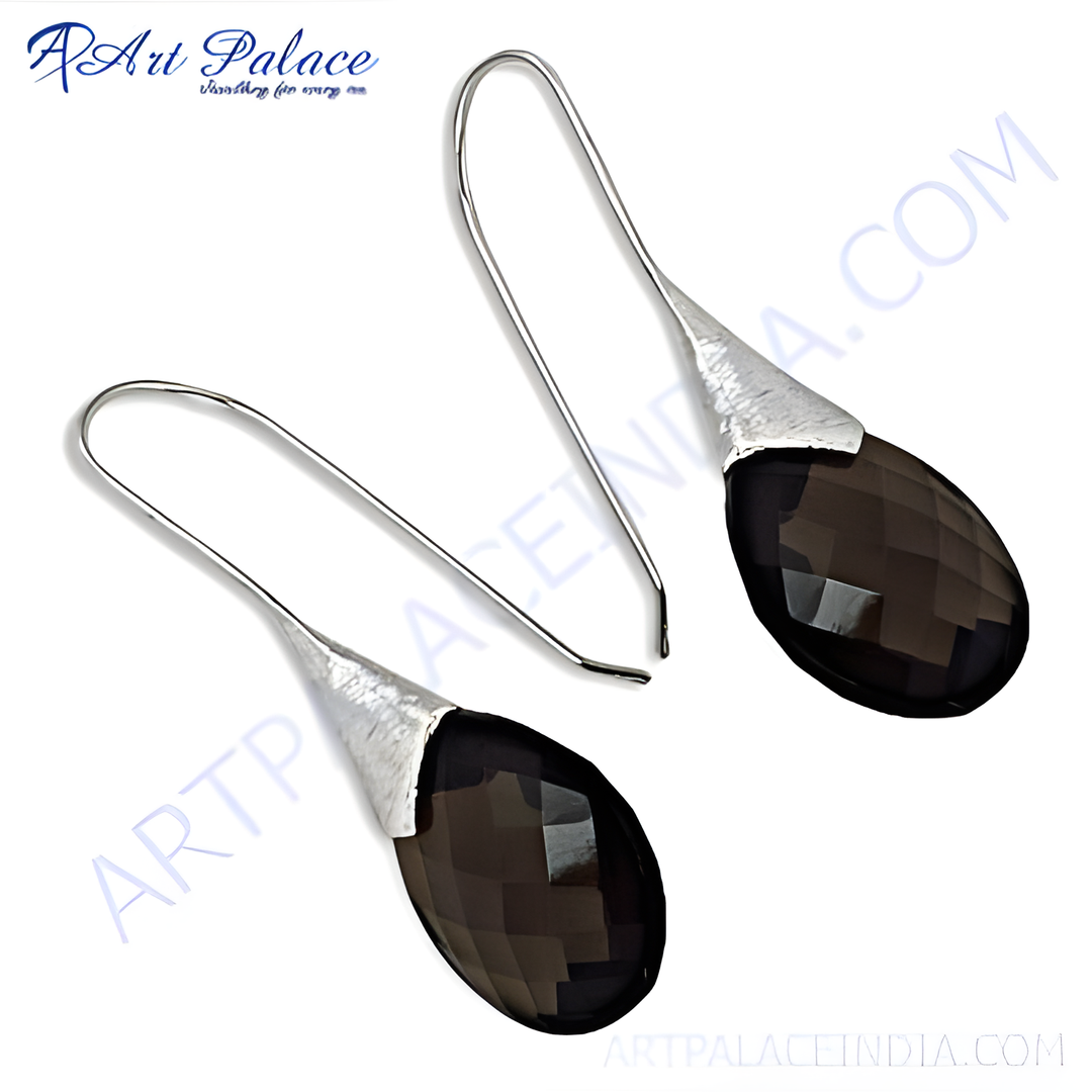 Sterling silver dangle earrings with faceted smoky quartz teardrop gemstones, elegant jewelry for women.