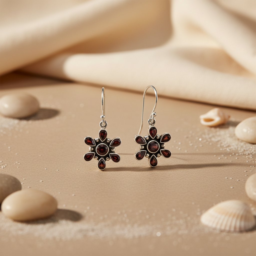 925 Silver Garnet Flower Earrings | Women's Jewelry Gift
