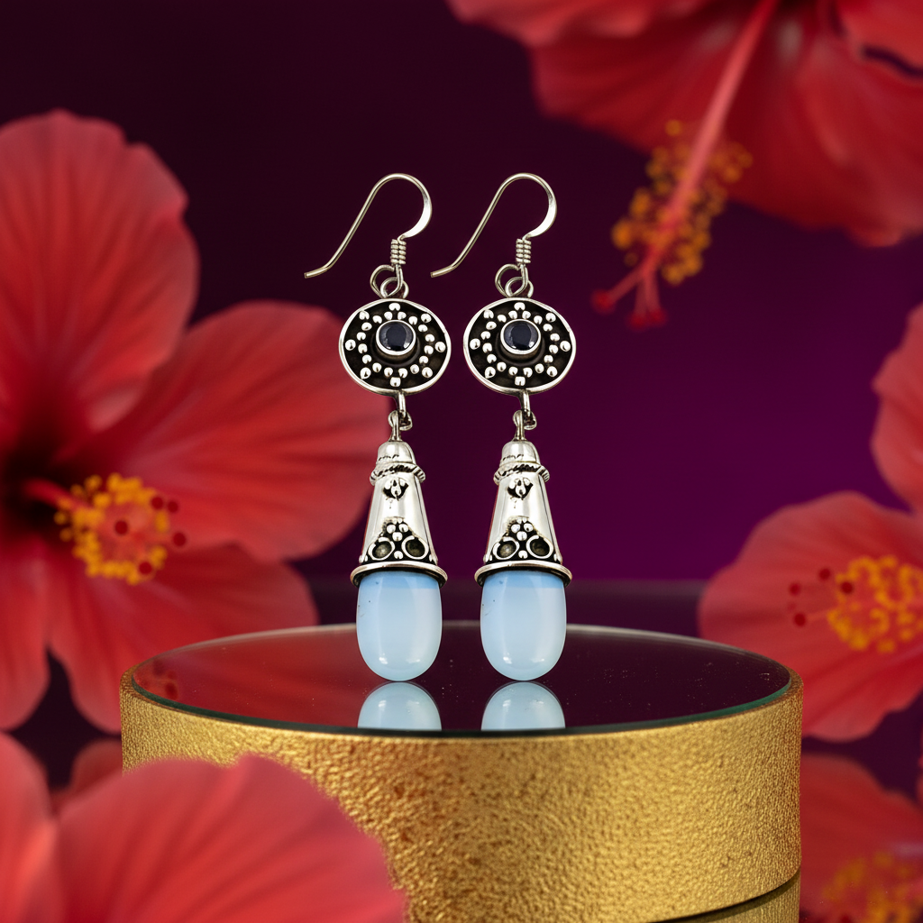 925纯银蓝色宝石耳环，女士款 | 礼物