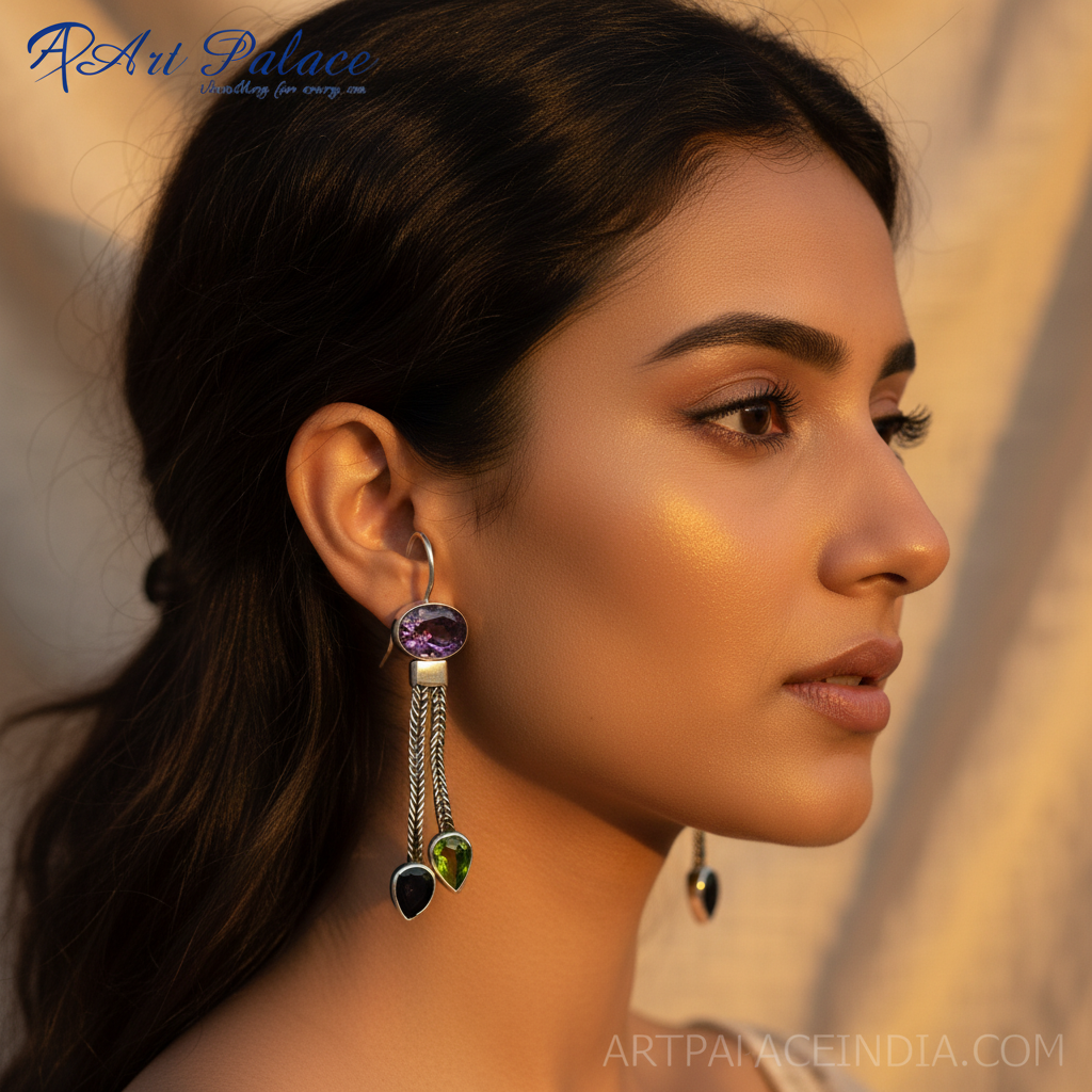 925 Silver Amethyst & Peridot Dangle Earrings for Women