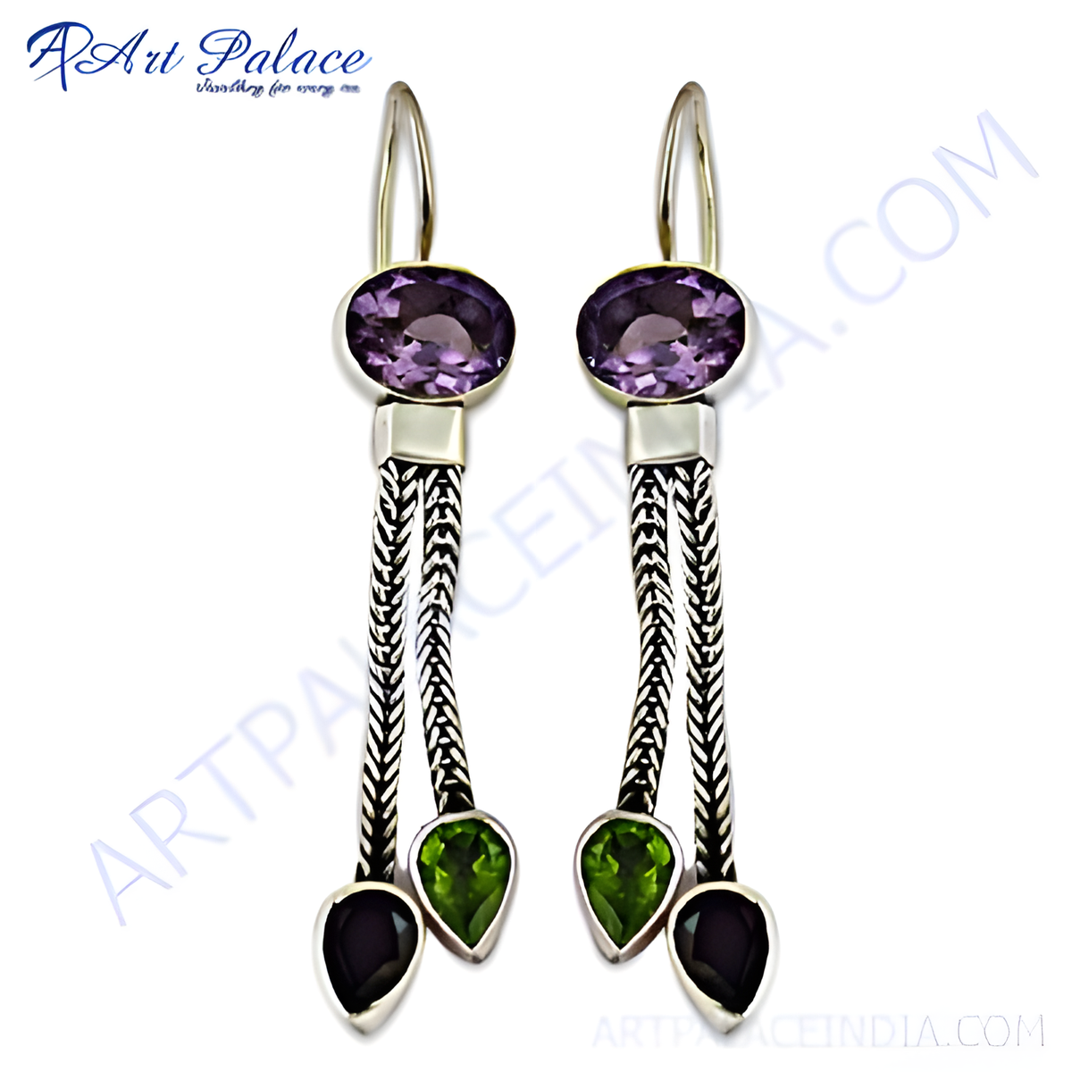 925 sterling silver dangle earrings with purple amethyst, green peridot, and black onyx gemstones