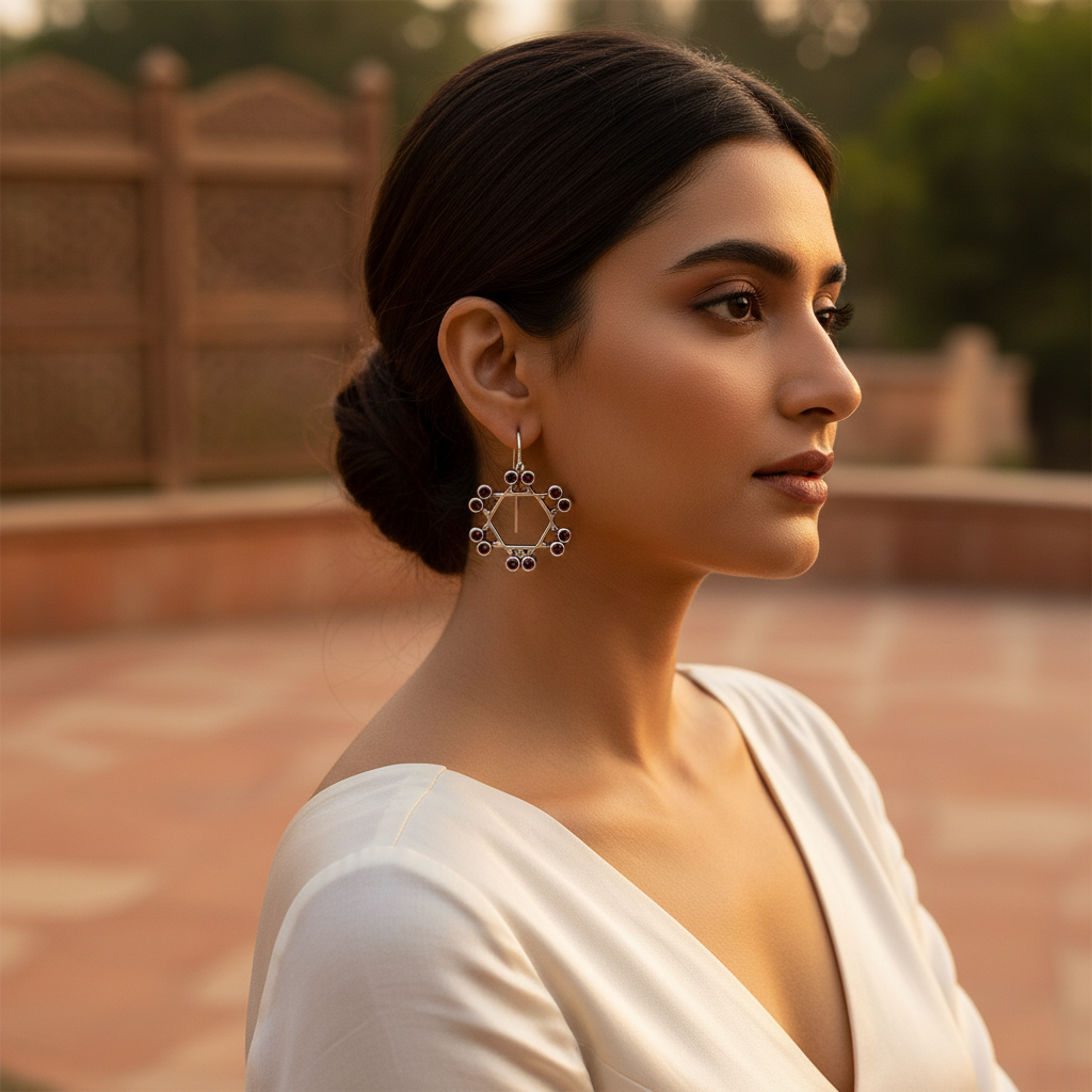 925 Silver Garnet Hexagon Earrings for Women | Dangle Jewelry