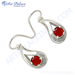 Load image into Gallery viewer, Sterling silver teardrop dangle earrings with a vibrant red carnelian gemstone center, perfect for women.
