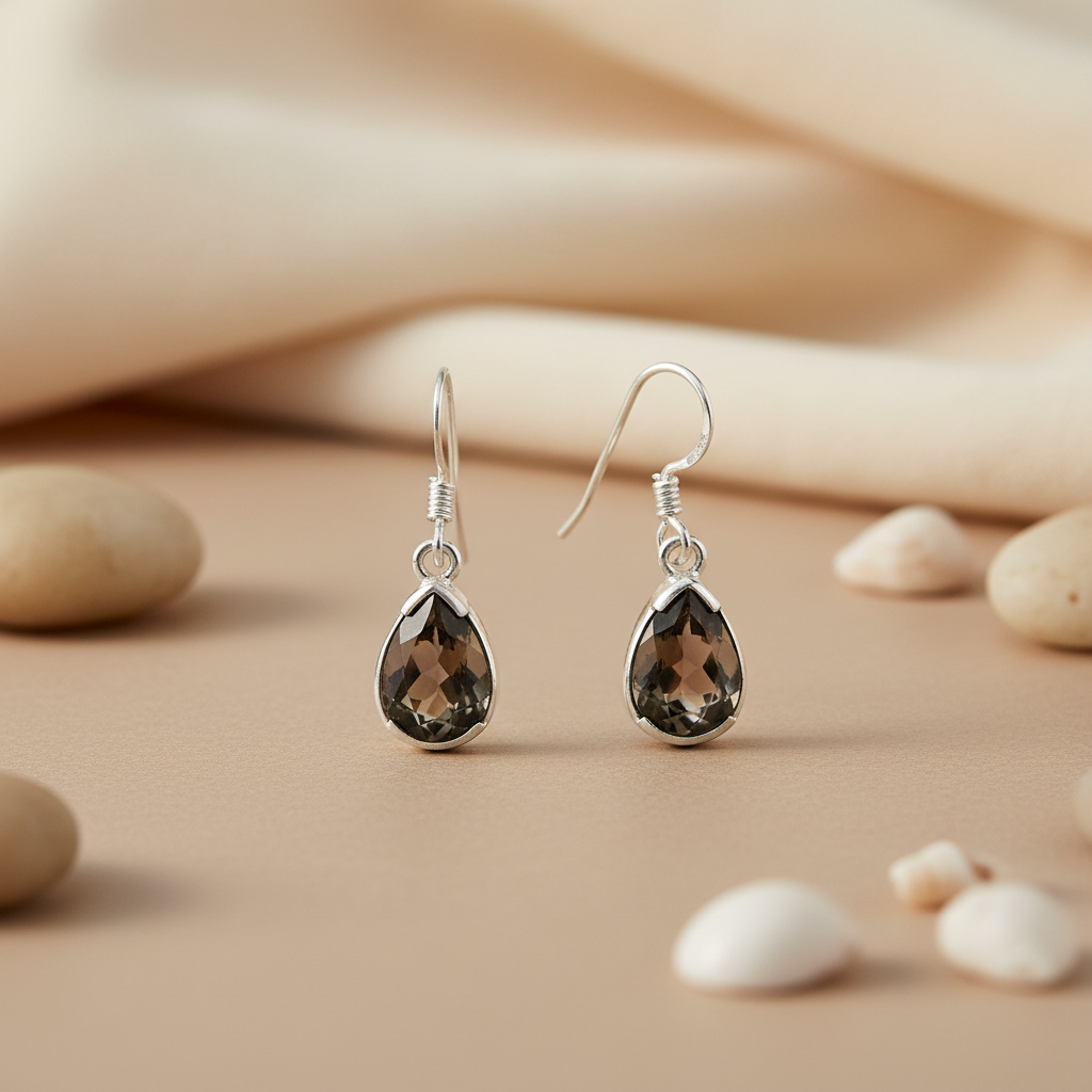925 Silver Smoky Quartz Teardrop Earrings for Women