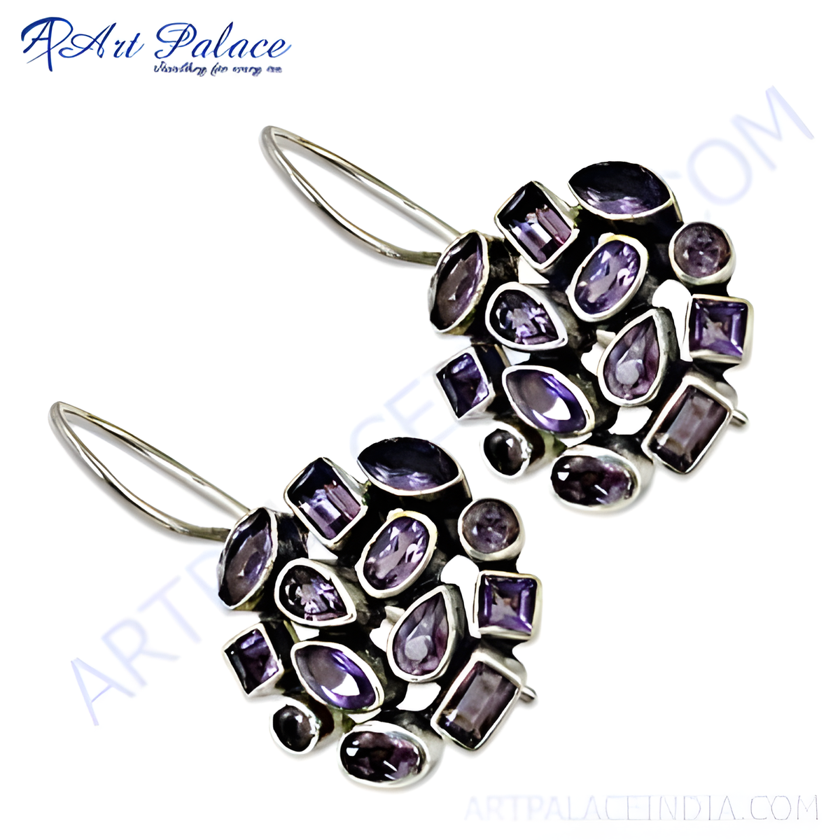 Sterling silver drop earrings with a cluster of various shapes of purple amethyst gemstones