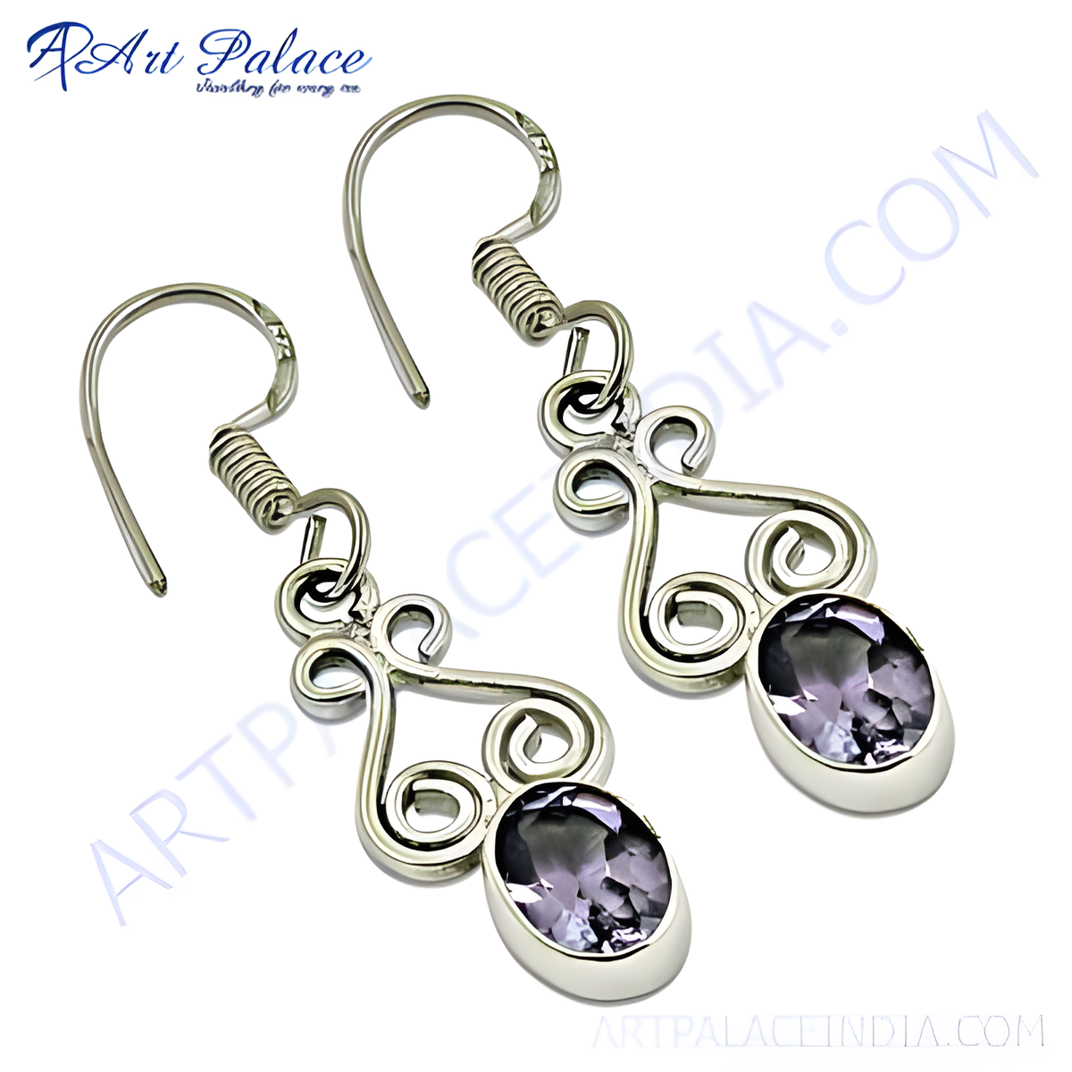 925 sterling silver drop earrings with oval cut amethyst gemstones, featuring an intricate swirl design