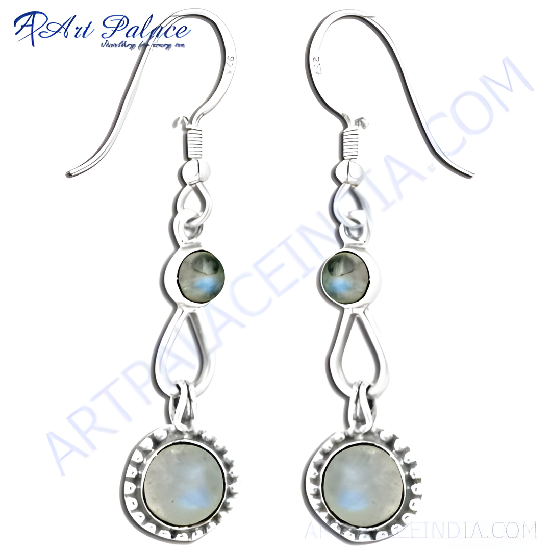 Sterling silver drop earrings with moonstone gemstones, featuring a delicate design and hook closure.