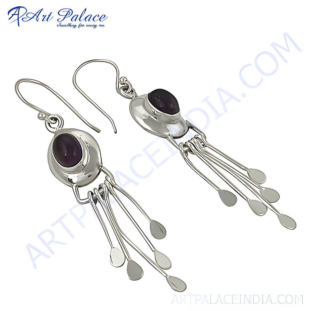 925 sterling silver dangle earrings with oval purple amethyst gemstones and unique drop design.