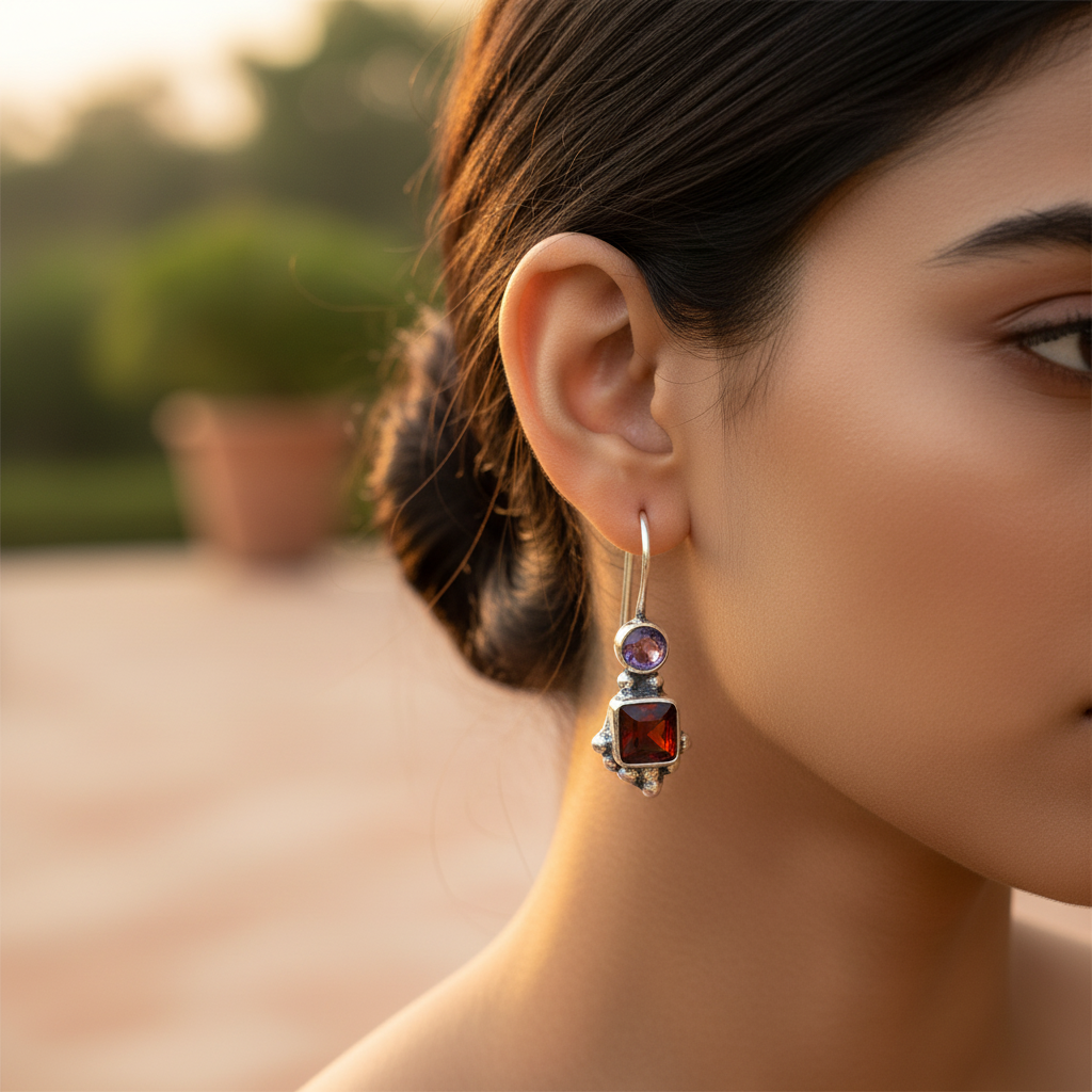 925 Silver Garnet & Amethyst Drop Earrings for Women