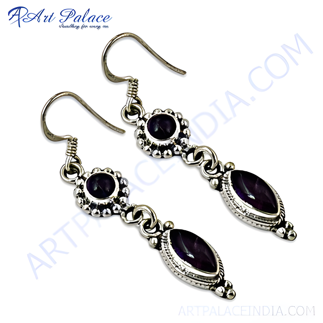 925 sterling silver drop earrings with oval and round amethyst gemstones and hook closures.