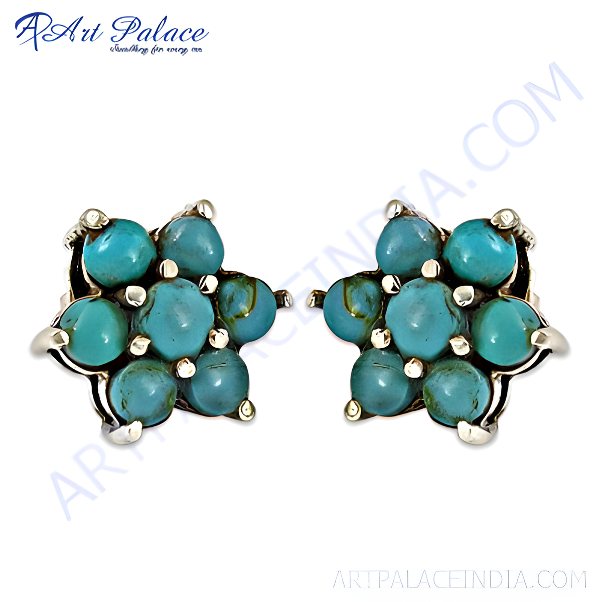 Sterling silver stud earrings featuring turquoise gemstones arranged in a floral pattern