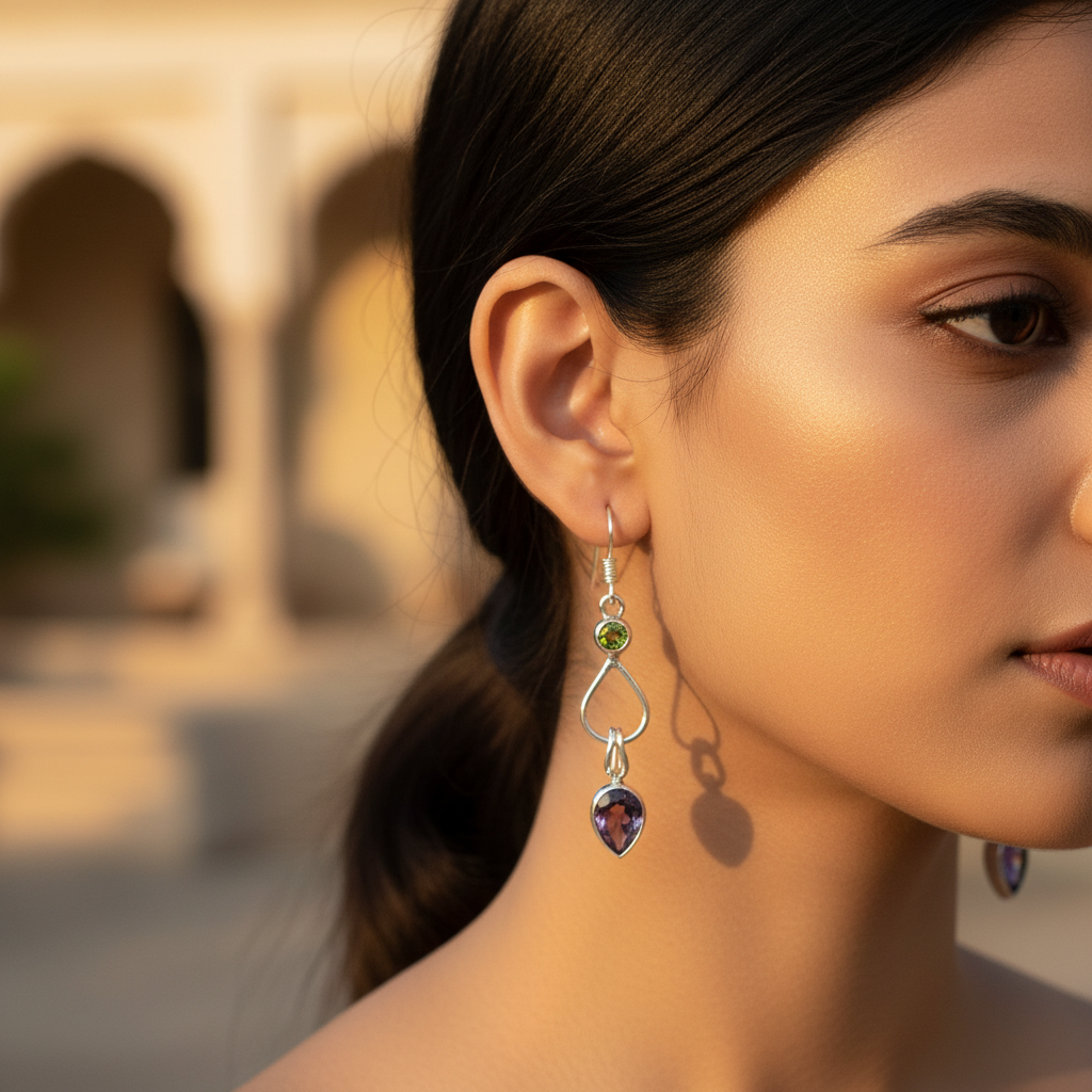 925 Silver Peridot & Amethyst Drop Earrings for Women | Gift