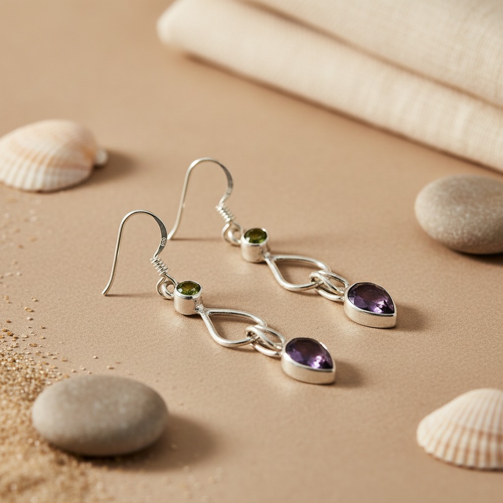 925 Silver Peridot & Amethyst Drop Earrings for Women | Gift