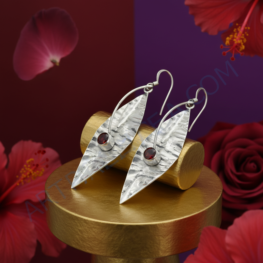 925 Silver Leaf Earrings with Garnet Gemstone | For Women