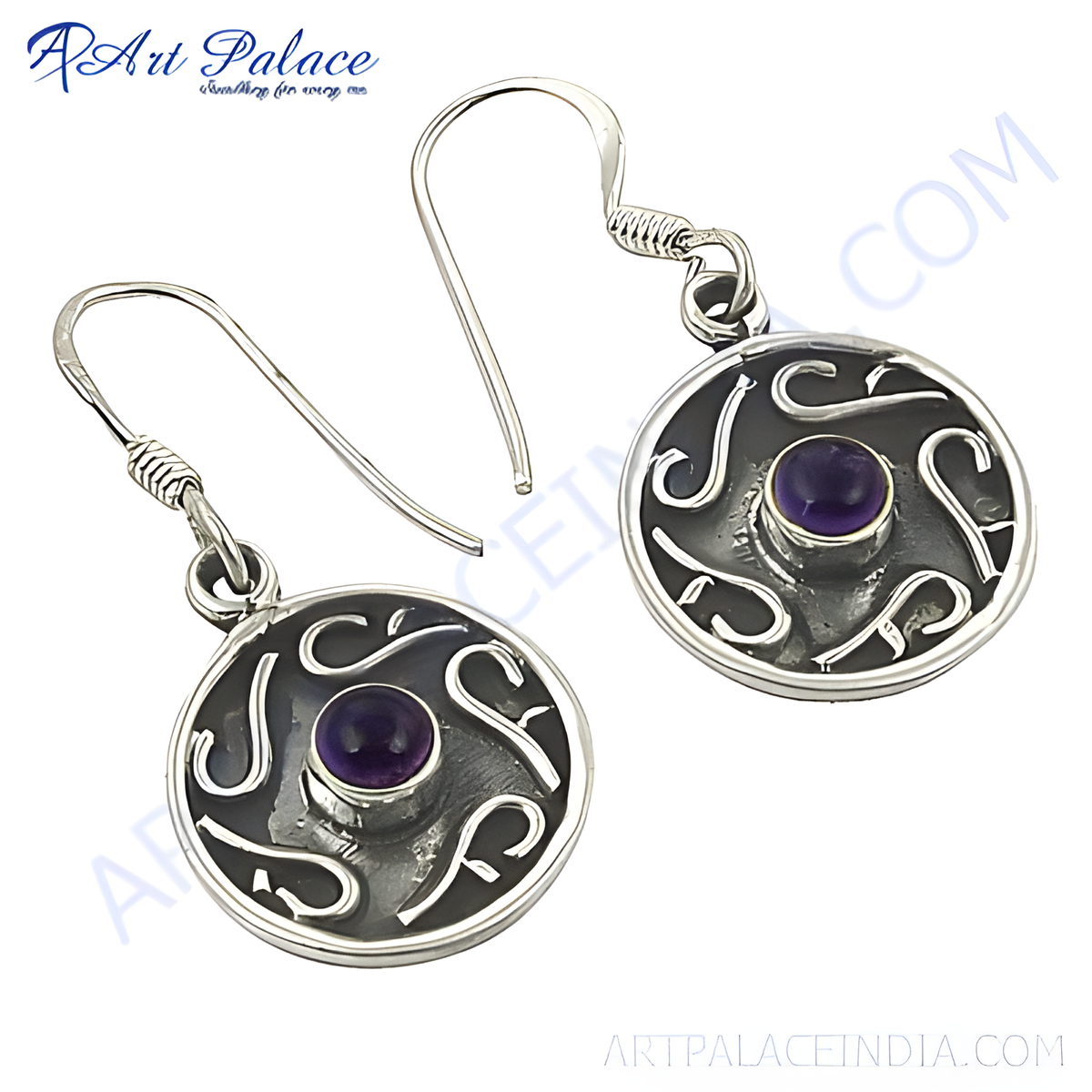 925 sterling silver drop earrings with a central round amethyst gemstone, set against a dark background