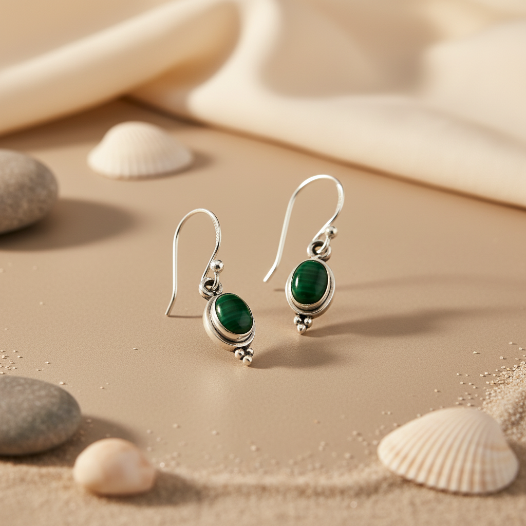 925 Silver Malachite Earrings | Oval Gemstone Earrings for Women