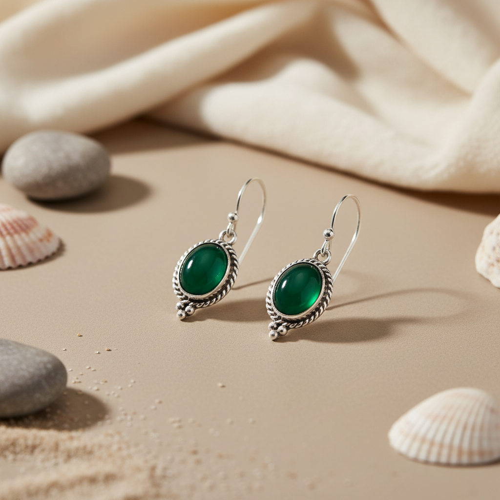 925 Silver Green Onyx Drop Earrings for Women | Gift