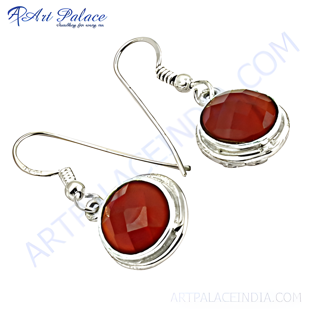 925 sterling silver dangle earrings with round faceted red carnelian gemstones
