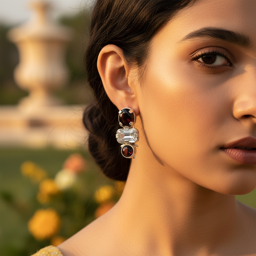 Silver Garnet & Crystal Earrings for Women | Dangle Jewelry