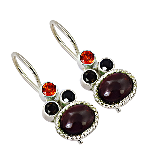 Garnet,Gun Metal,Pink Cubic Zirconia & Smokey Quartz Earring,Gemstone Jewelry,925 Sterling Silver Jewelry