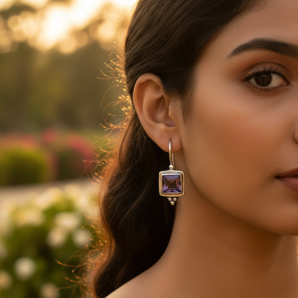 925 Silver Amethyst Square Earrings for Women | Gemstone Jewelry