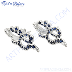 Load image into Gallery viewer, Elegant silver stud earrings with blue sapphire gemstones, perfect for women.
