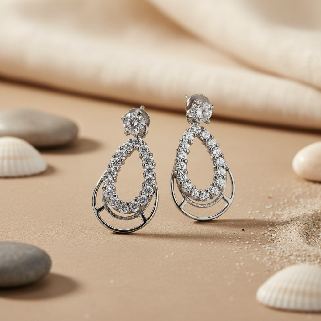 Silver Teardrop Stud Earrings with White CZ | Women's Jewelry Gift