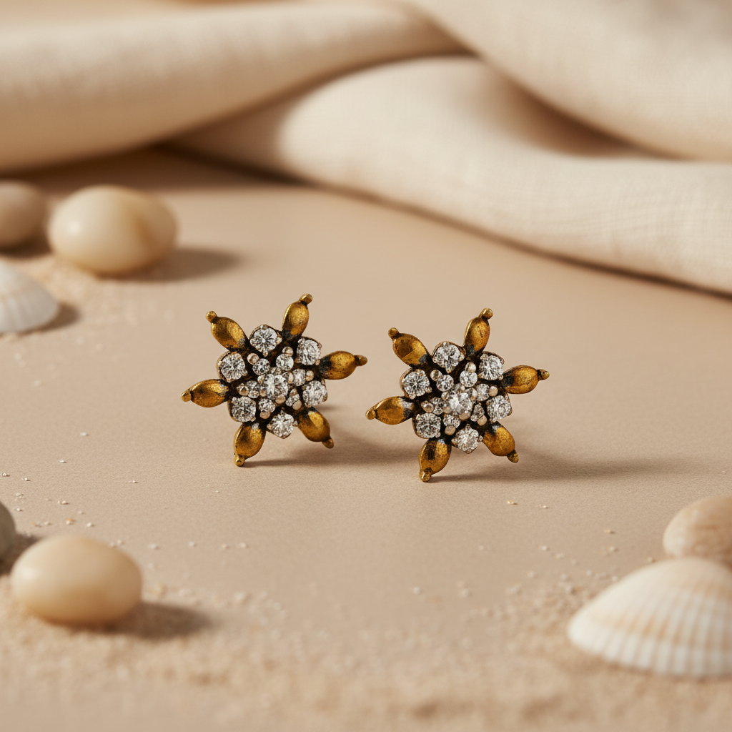gold plating Floral Stud Earrings with Cubic Zirconia | Women's Jewelry
