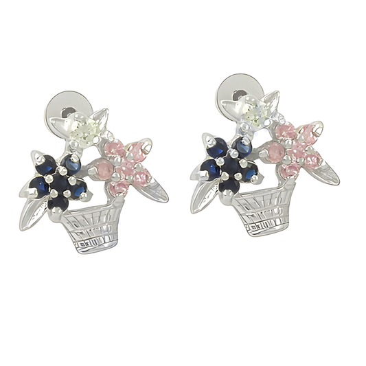 New Flower Basket Style Iolite & Pink Glass & Cz Silver Earrings Colorful Cz Earrings Fancy Earrings