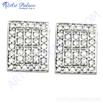 Load image into Gallery viewer, Silver square stud earrings with pave cubic zirconia stones, set against a white background.
