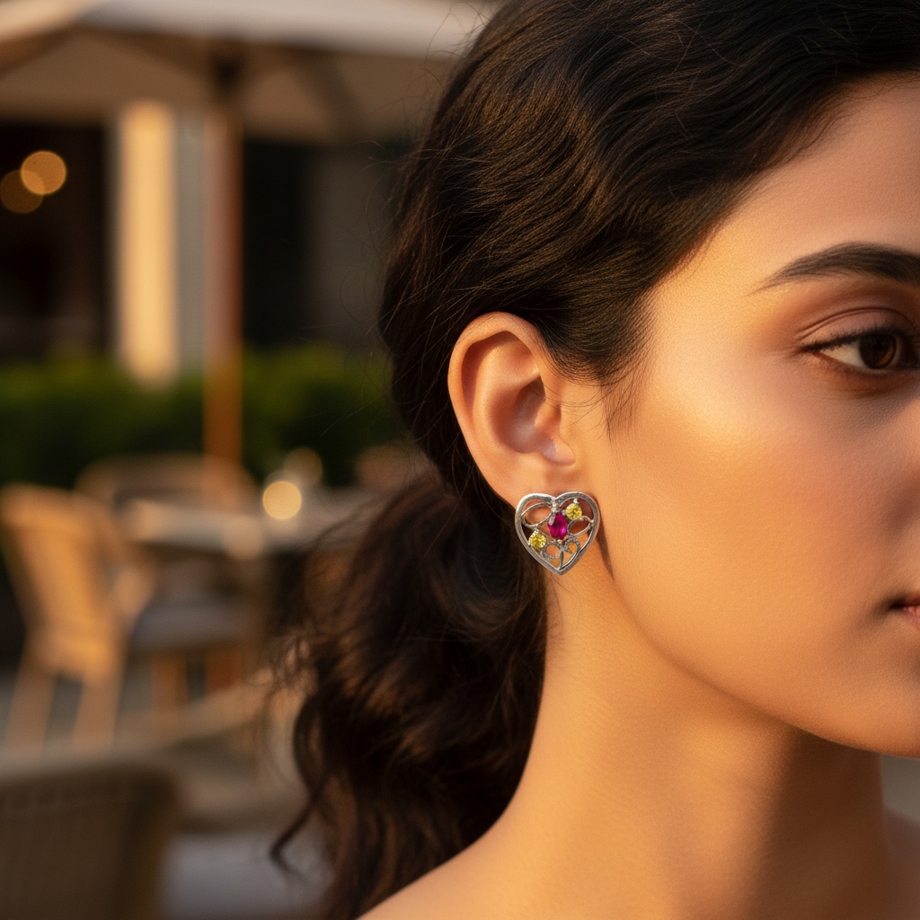 Silver Heart Stud Earrings with Ruby & Yellow Gemstones