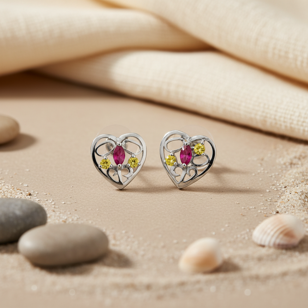 Silver Heart Stud Earrings with Ruby & Yellow Gemstones