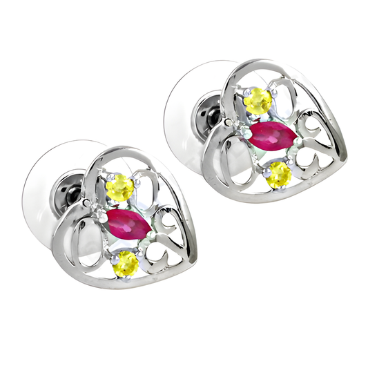 Lemon Quartz & Pink Glass Silver Stud Earrings Stunning Cz Earring Heart Design Earring