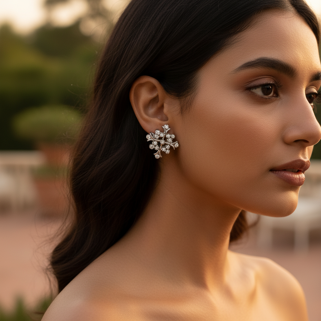 Silver Diamond Cluster Stud Earrings for Women | Floral Design