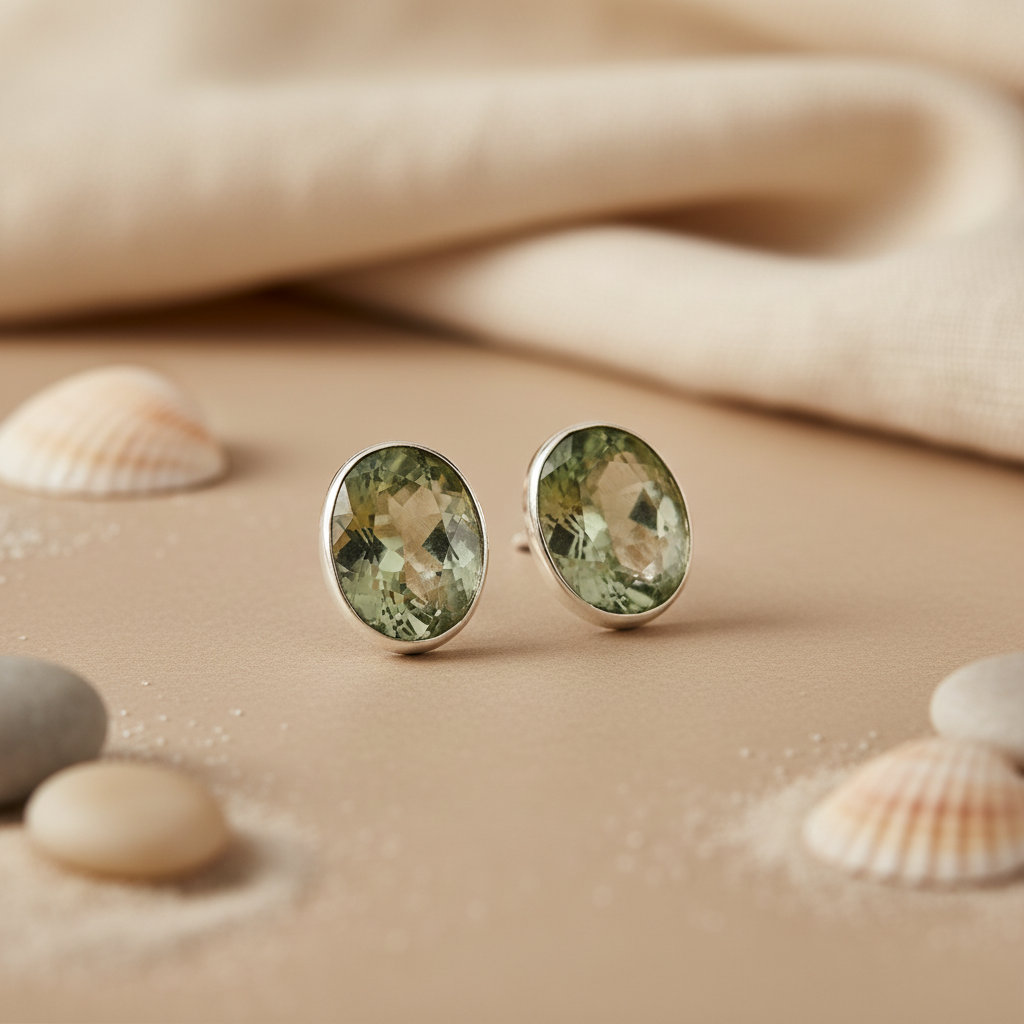 925 Silver Green Amethyst Stud Earrings for Women | Gift