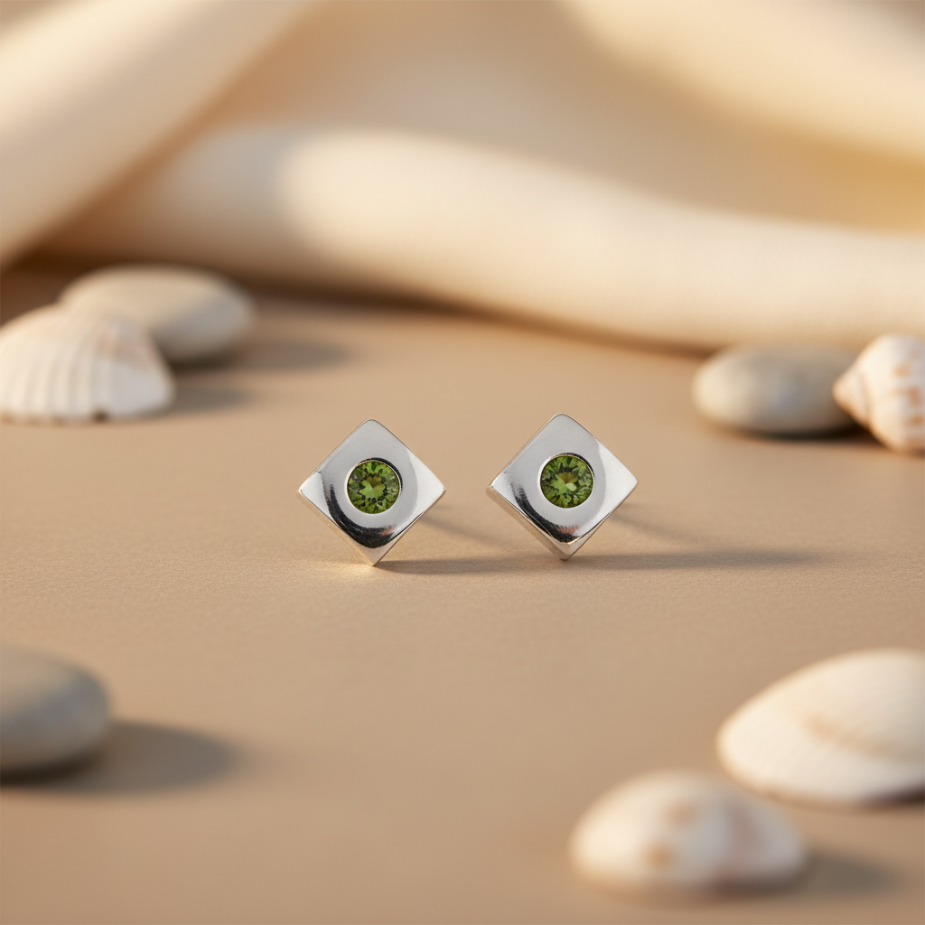Silver Peridot Stud Earrings for Women | Square Jewelry