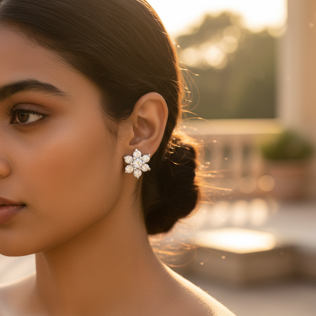 Silver Flower Stud Earrings | Cubic Zirconia | Women's Jewelry