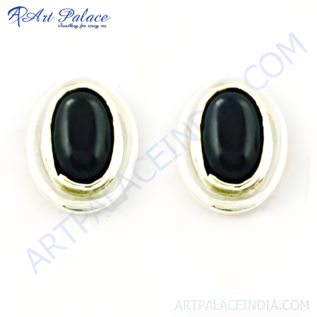Sterling silver stud earrings with a black oval shaped onyx gemstone