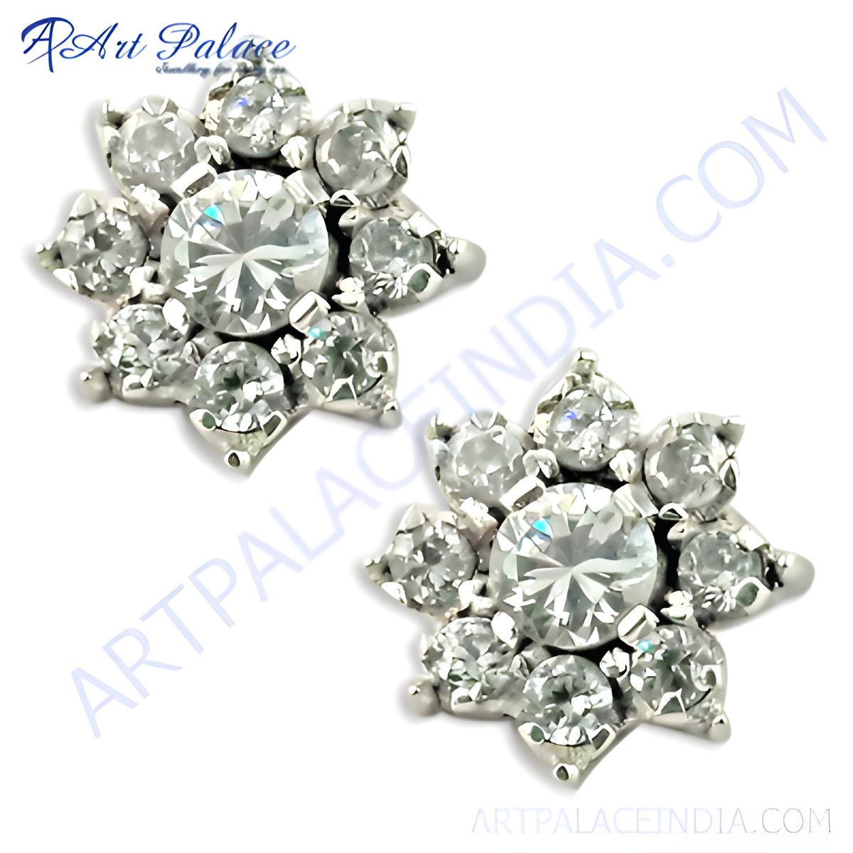Floral stud earrings featuring round cubic zirconia stones set in a silver metal setting, perfect for women