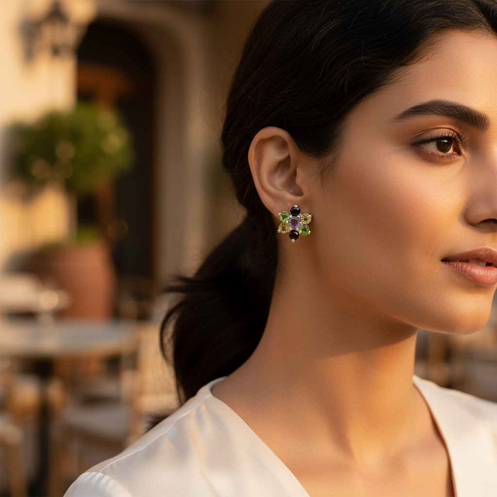 Gemstone Flower Stud Earrings | 925 Silver | Women's Jewelry