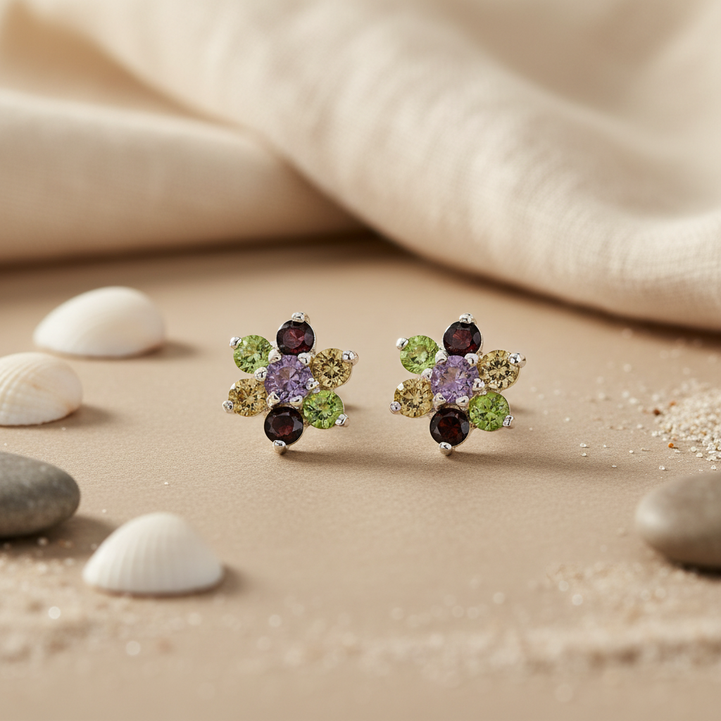 Gemstone Flower Stud Earrings | 925 Silver | Women's Jewelry